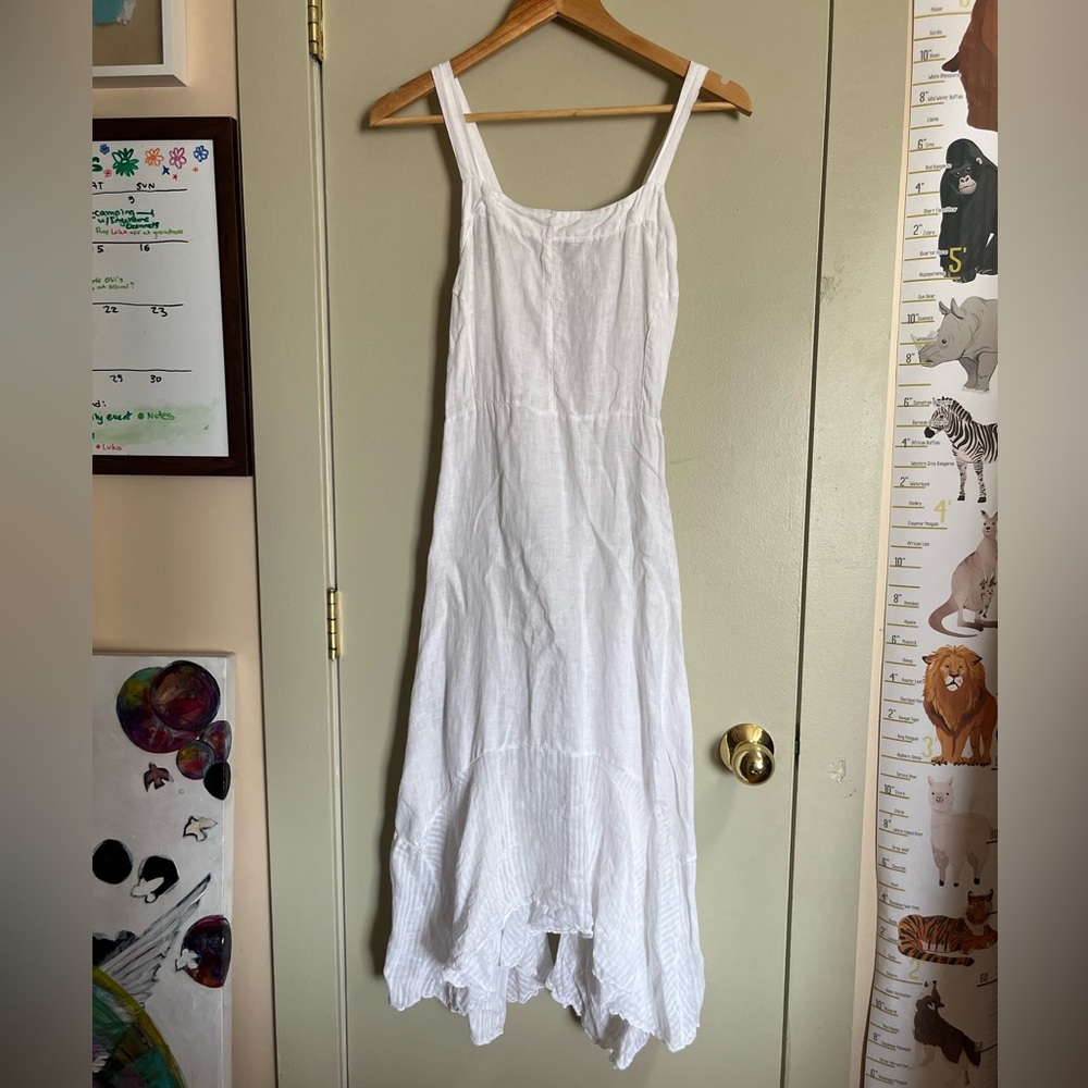 Inizio Italy White Linen Maxi Dress Textured Flounce Hem Pockets. Size S
